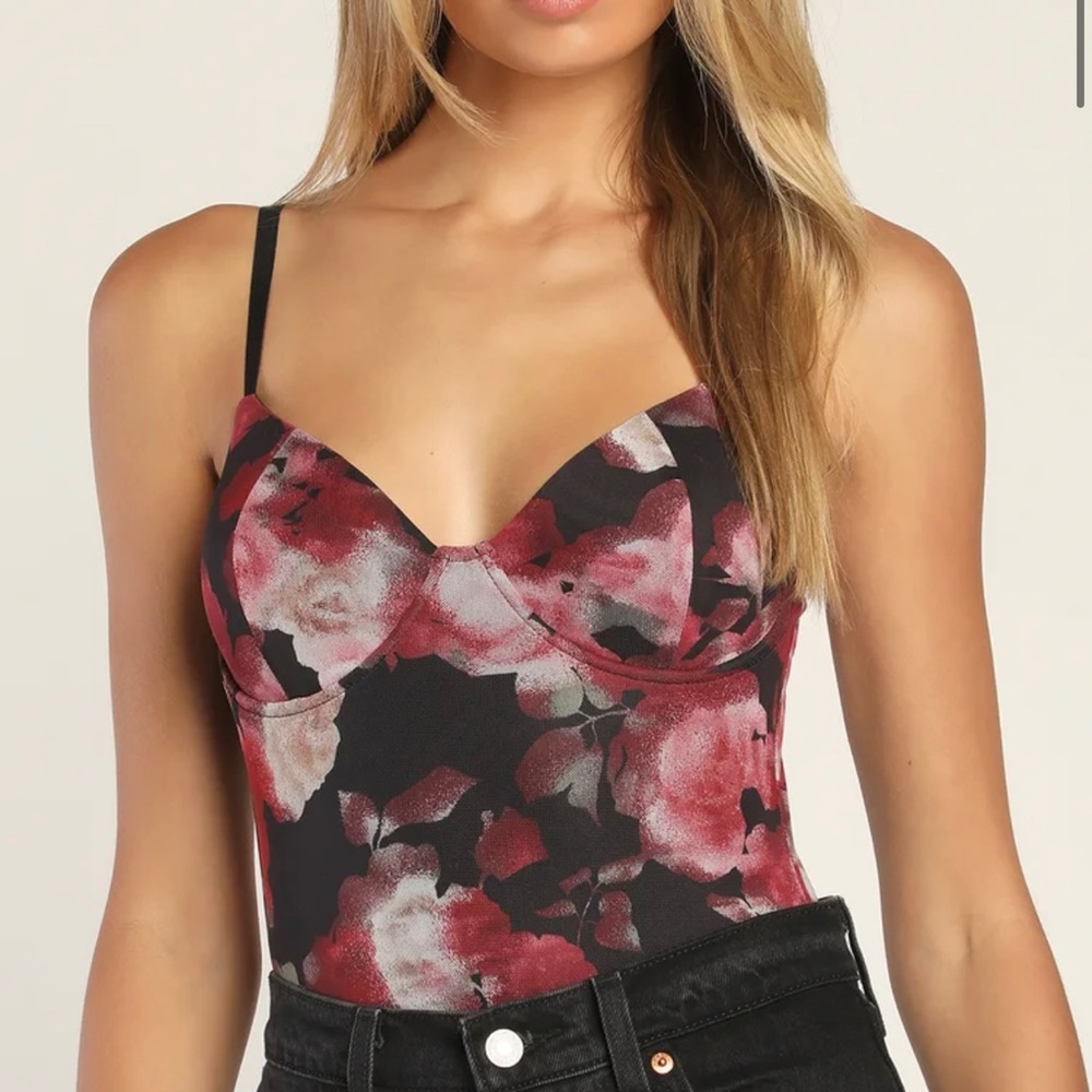 Lulus Lush Imagination Black Floral Print Mesh Bustier Bodysuit Size XS